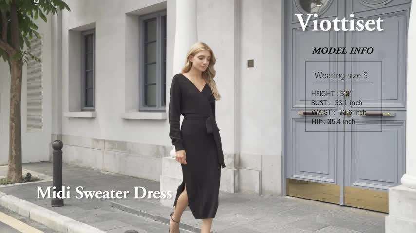 V Neck Long Batwing Sleeve Wrap Midi Knit Sweater Dress Elegant Backless with Belt Slit