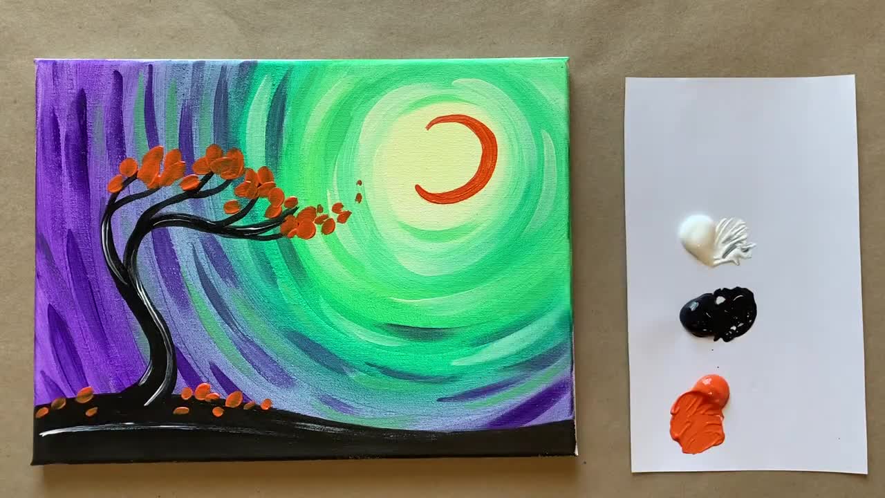 'Spooky Tree' Easy Halloween acrylic painting tutorial for beginners