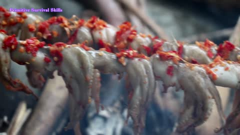 Cooking octopus recipe for food eating , primitive survive skill.