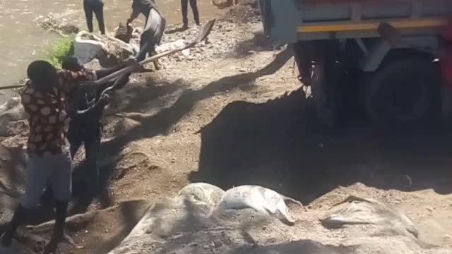 Strong youths loading a big car with sand