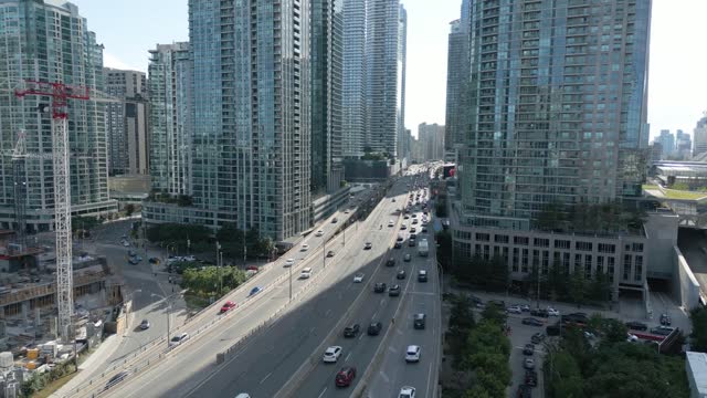 Traffic on a Highway in Downtown Toronto (Drone Footage)