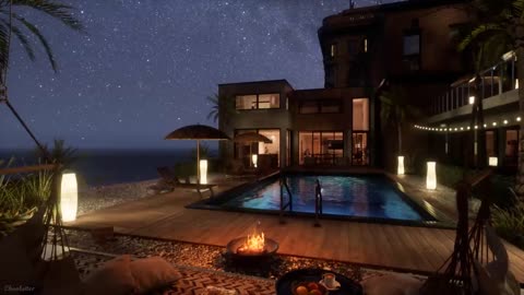 Peaceful Resort Ambience Overlooking The Sea | Water, Crackling Fire, Crickets, Wave Sounds