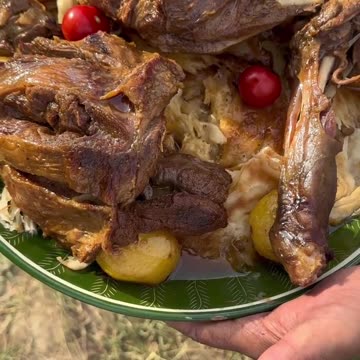 Potato mixed mattan cooking on grassy hill