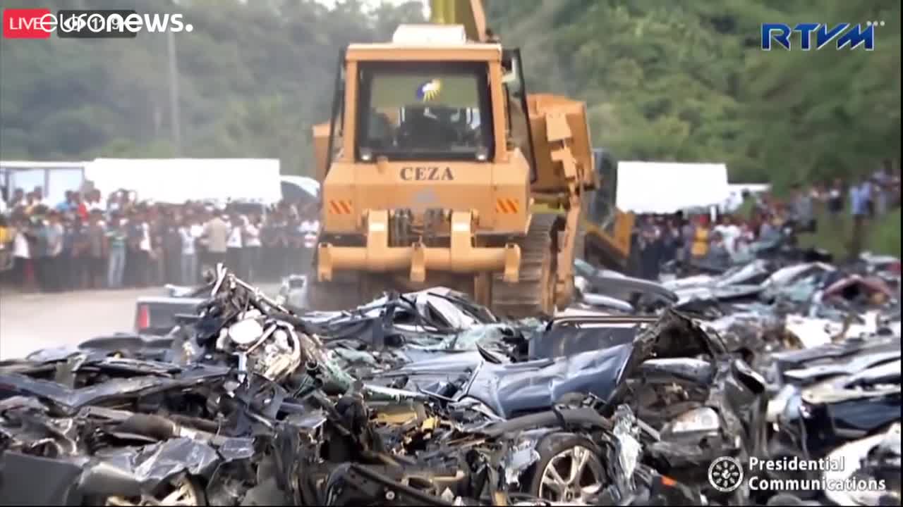 Watch: Philippines' Duterte oversees smuggled luxury cars being destroyed