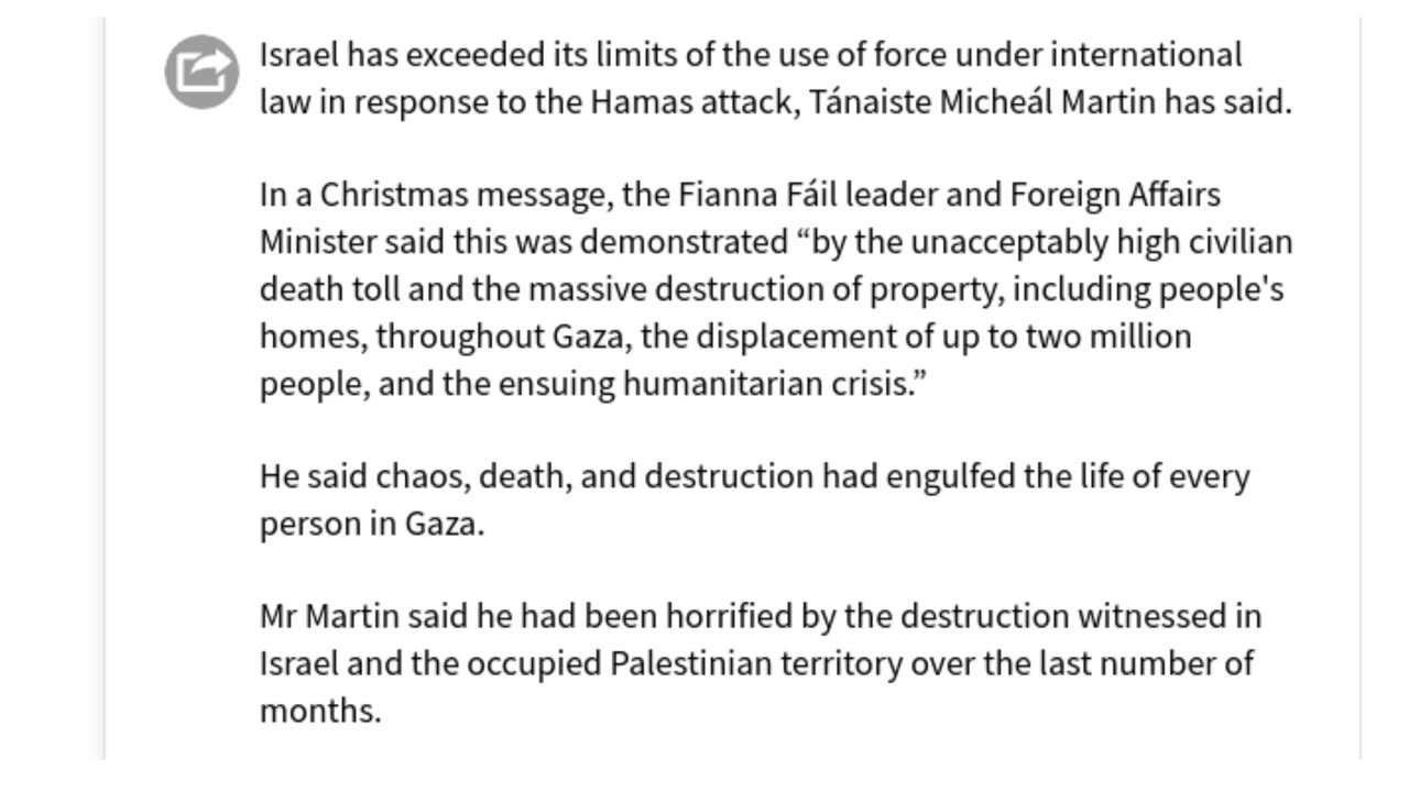 Irish FM - Israel Has "Exceeded Self Defence" In Gaza War