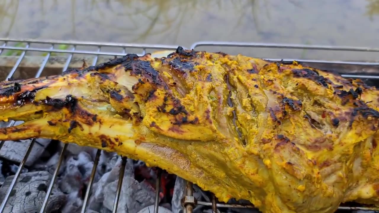 BBQ Mutton Leg Recipe _ GRILLED FULL MUTTON LEG _ BBQ MUTTON RAAN ROAST LAMB ON AN OPEN FIRE