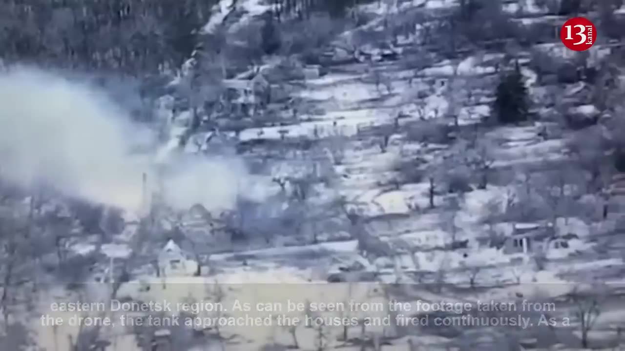 Ukrainian tank approaches the house inhabited by Russians and destroys it