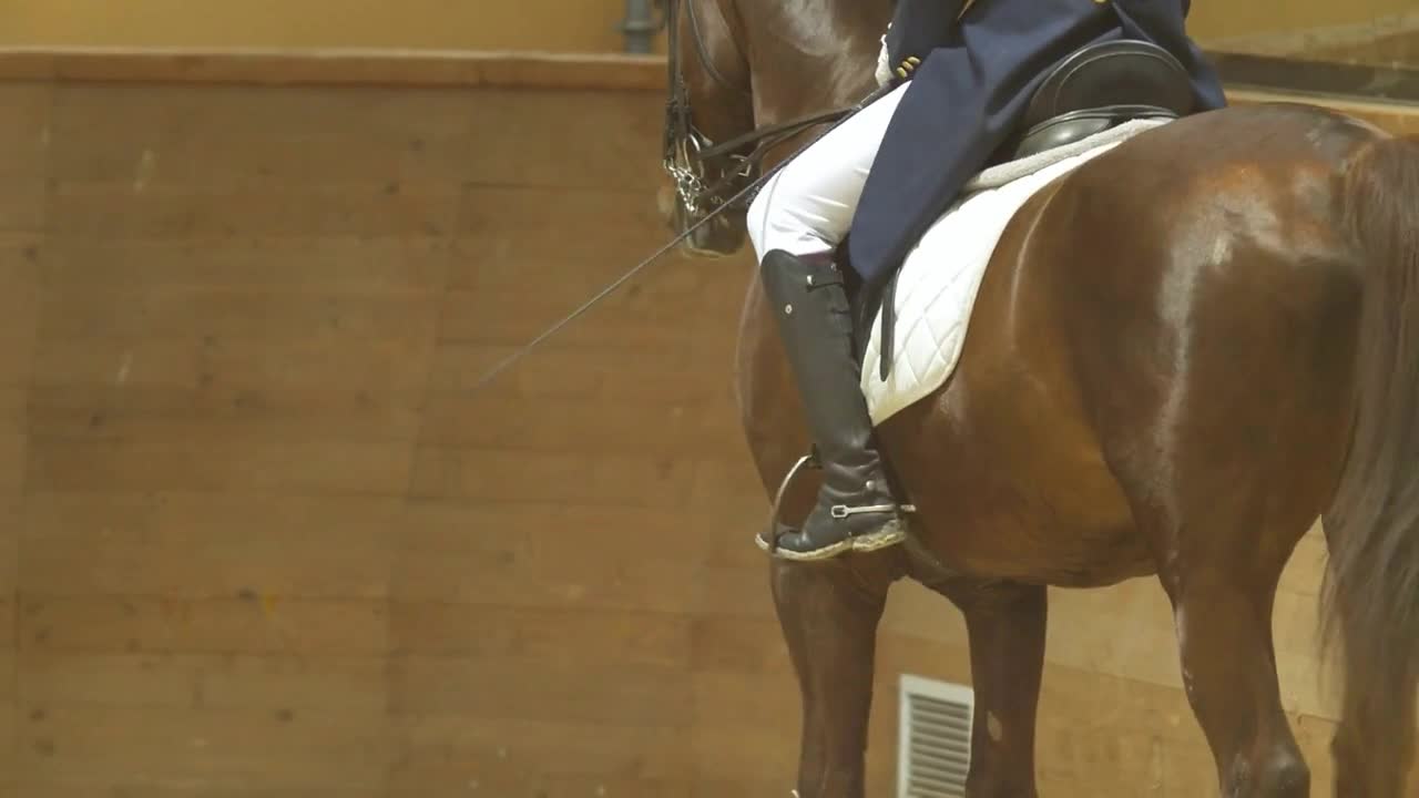 Jockey in uniform and boots sits on horseback on a wooden background