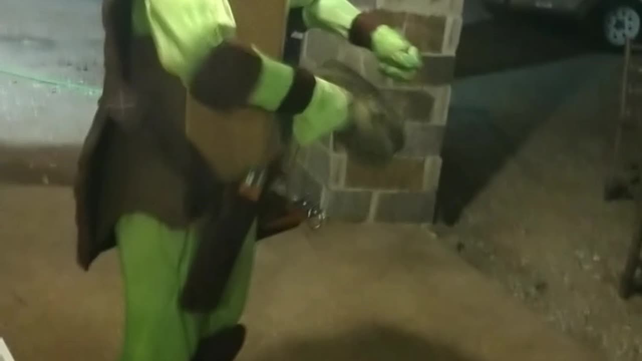 See this Turtle superhero character throws a rock as trainers deflect with sais
