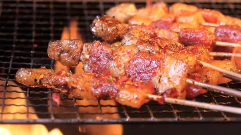 The delicious meat skewers look appetising