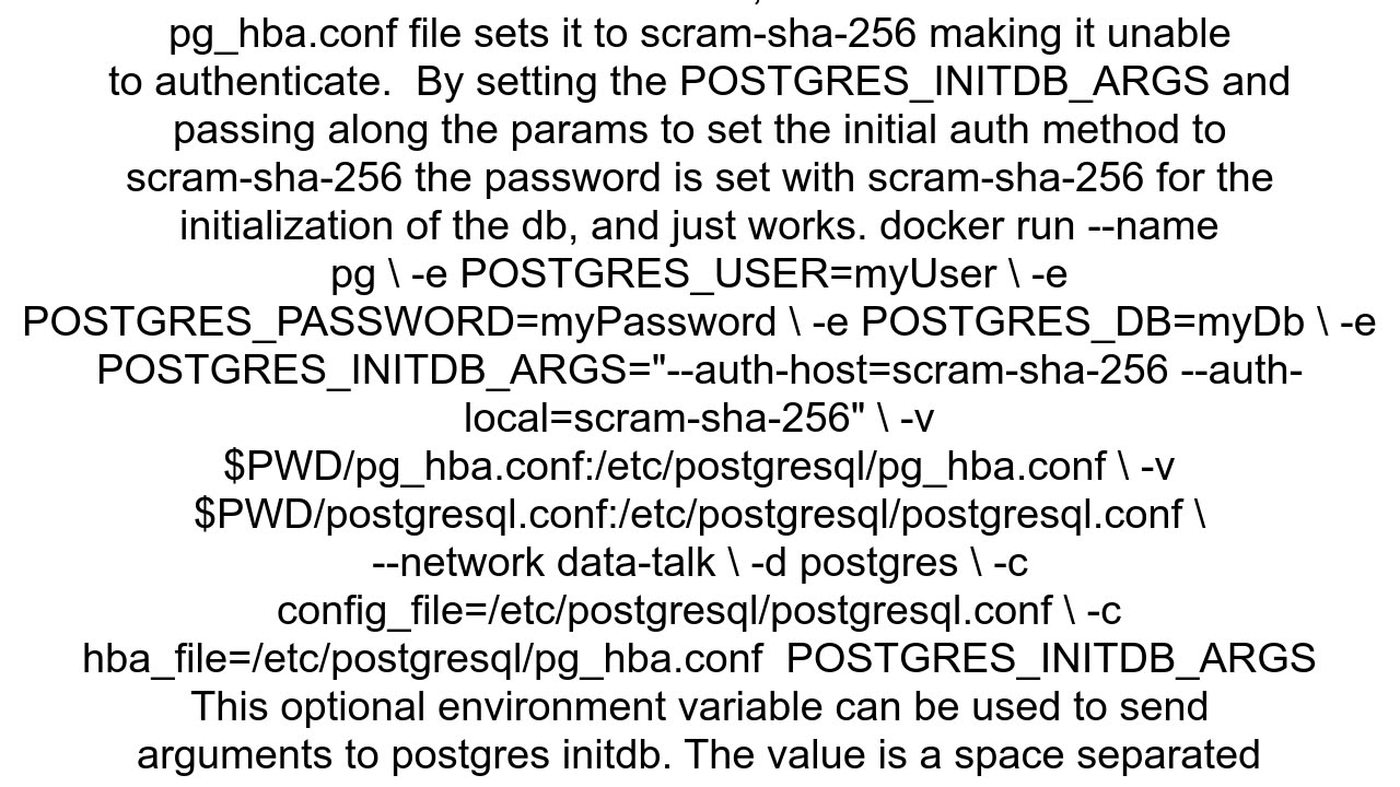 how to get postgres docker container to initialize with scramsha256 on any connection