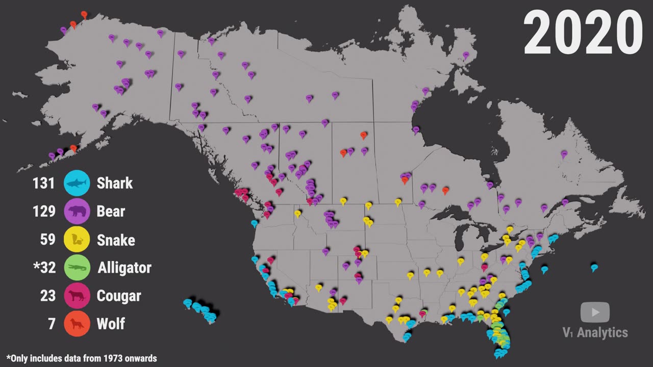 Map of Fatal, Wild Animal Attacks in the US and Canada From 1900 to 2020