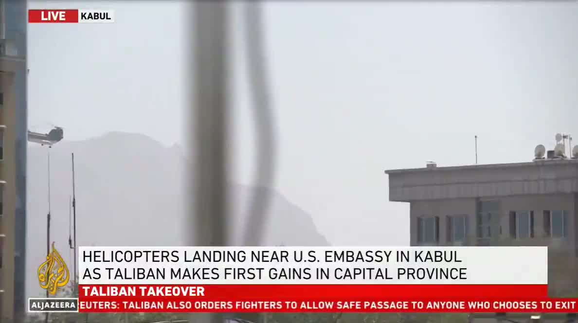 Military helicopters evacuating US embassy in Kabul Afghanistan