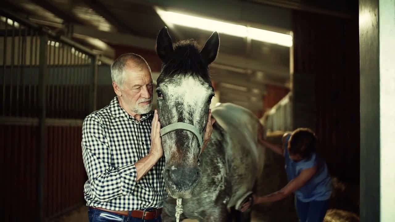 A joyful senior couple petting a horse in a stable