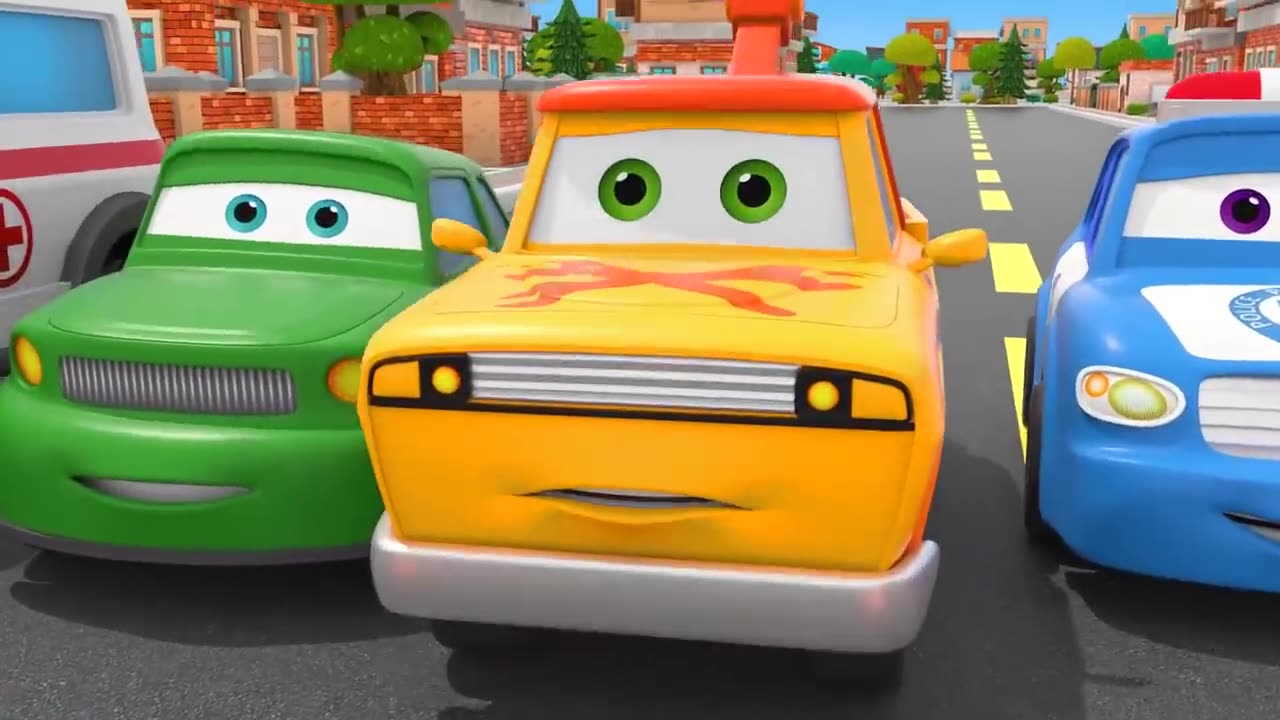 Red Race car & yellow tow truck-First Race |Motorville 3D car cartoons for kids