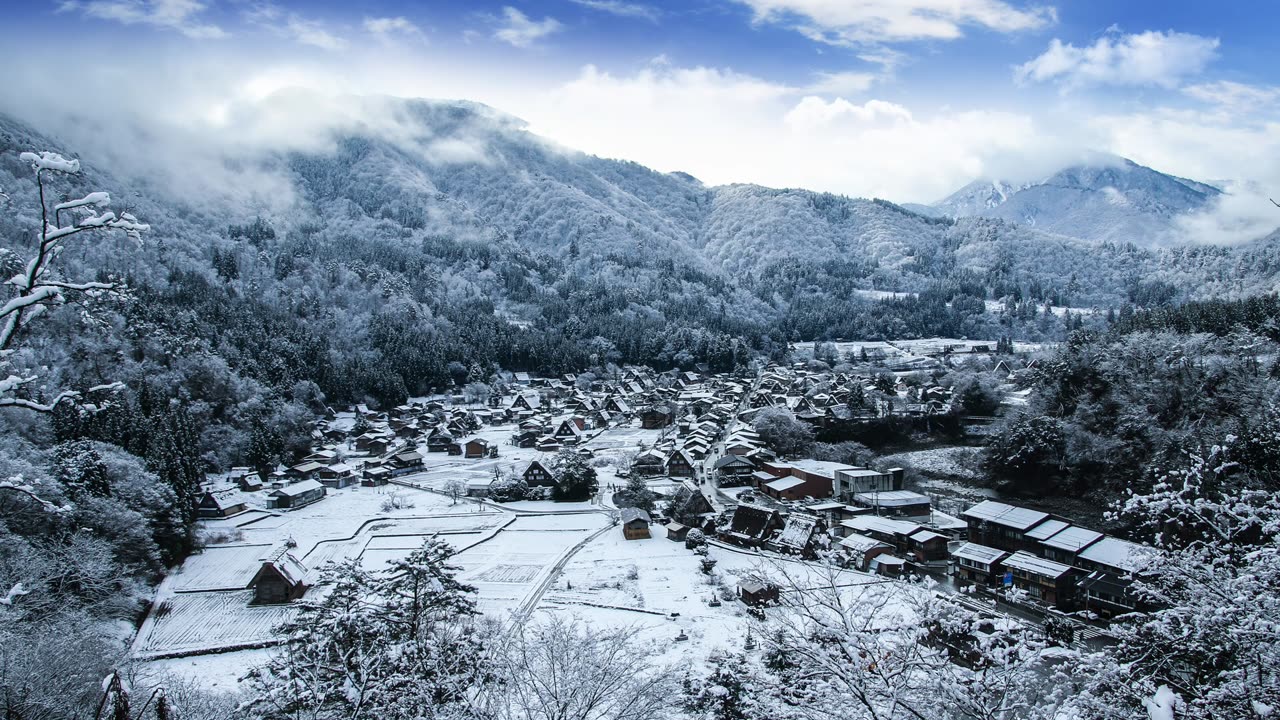 Winter Shirakawago With Snowfall Gifu Chubu Japan, World Heritage City