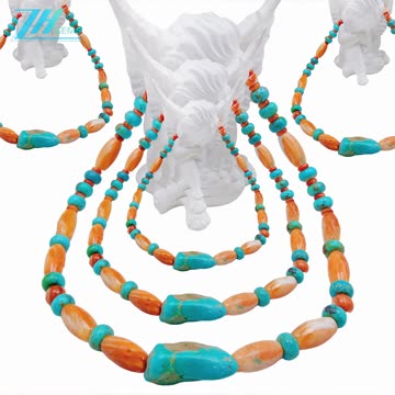 Natural turquoise and orange spiny oyster Handmade Gemstone Necklace full strand 16inch05