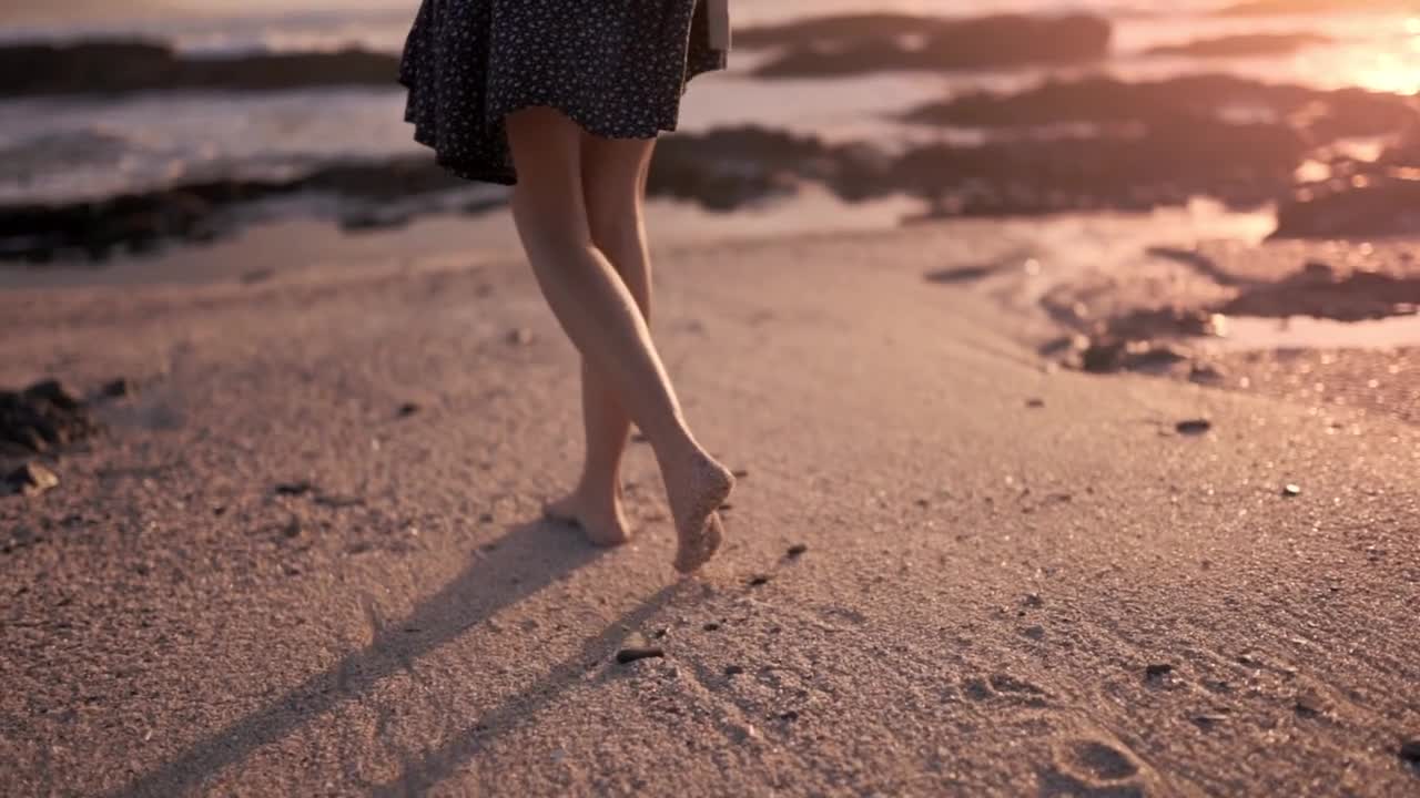 Woman Walking Barefooted On The Shore