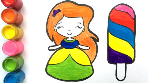 Drawing Baby Girl In a Beautiful Dress and Paint Ice Cream