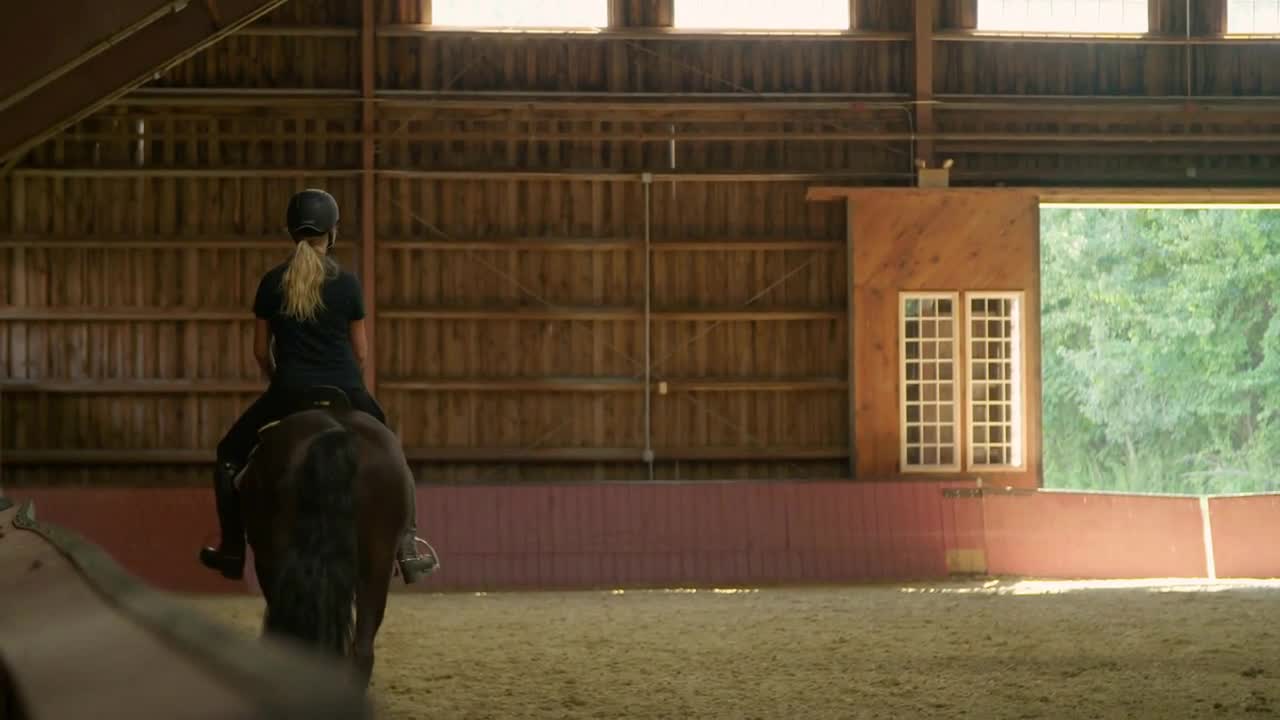 Young female equestrian horse trainer rides gentle horse in riding hall