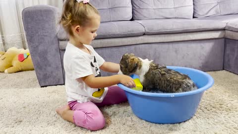 Adorable Baby Girl Gives Puppy Has His First Bath! (Cutest Ever!!)