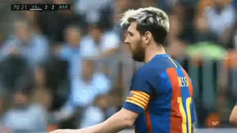 Messi stopping the referee from bumping into him