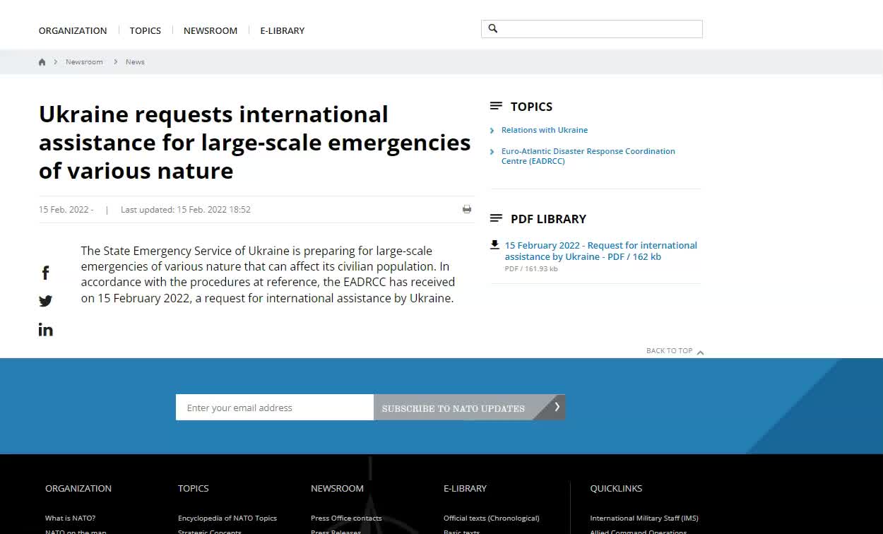 Ukraine Requests International Assistance For Large-Scale Emergencies of Various Nature