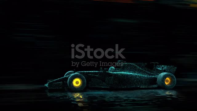 A digital model of a racing car rushing at high speed through a digital tunnel.