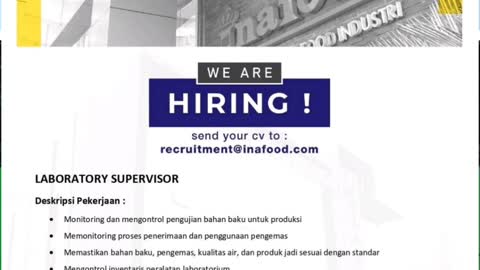 Rekomendasi loker Inafood Laboratorium SPV #lowongankerja #pekerjaan #shorts #reels