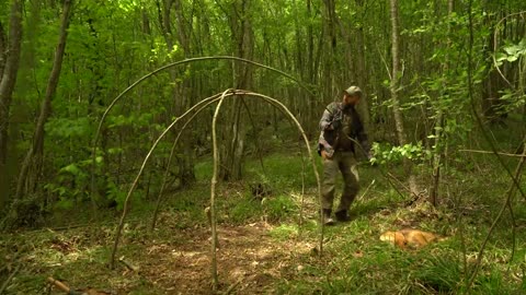 Building a Survival Shelter in a Forest - Camp food from natural herbs