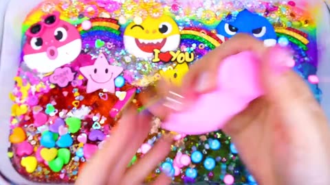 Baby shark family Slime Mixing Random Cute, shiny things into slime #ASMR #Satisfying #slimevideos