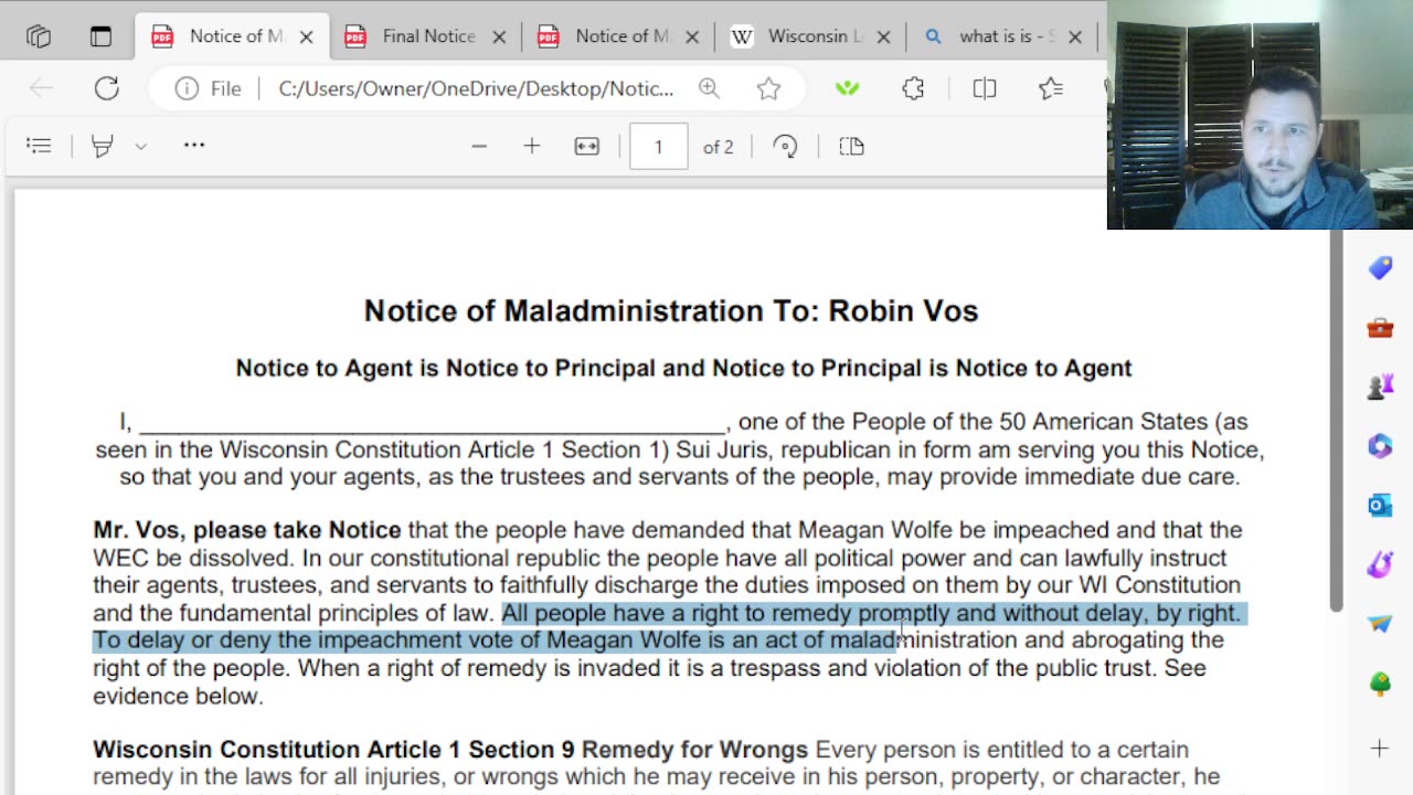 Constitutional Republic Actions, Notice to Robin Vos