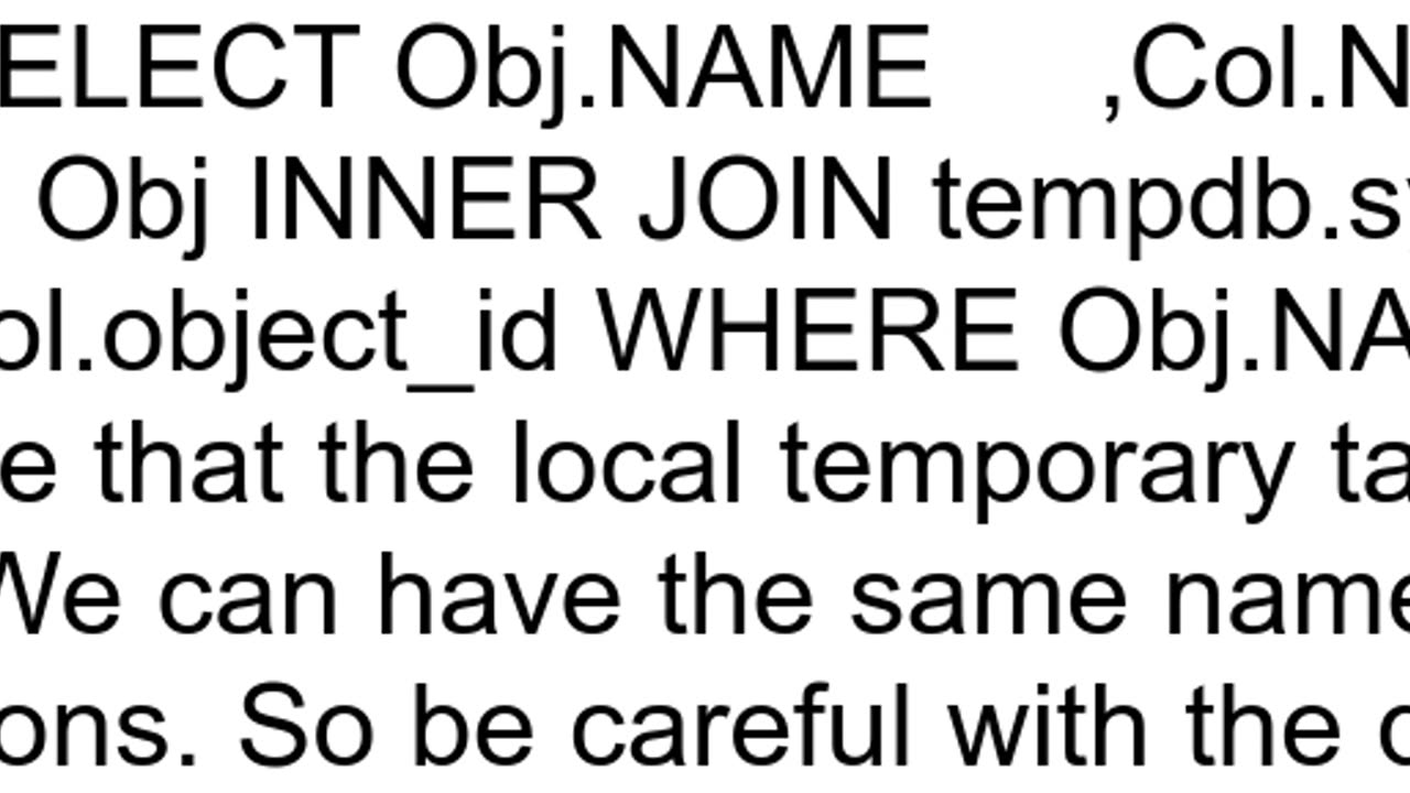 List down the column names in a Temporary Table in SQL Server