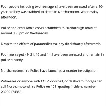 Four Arrests After 16 Year Old Boy Is Stabbed To Death In Northampton UK