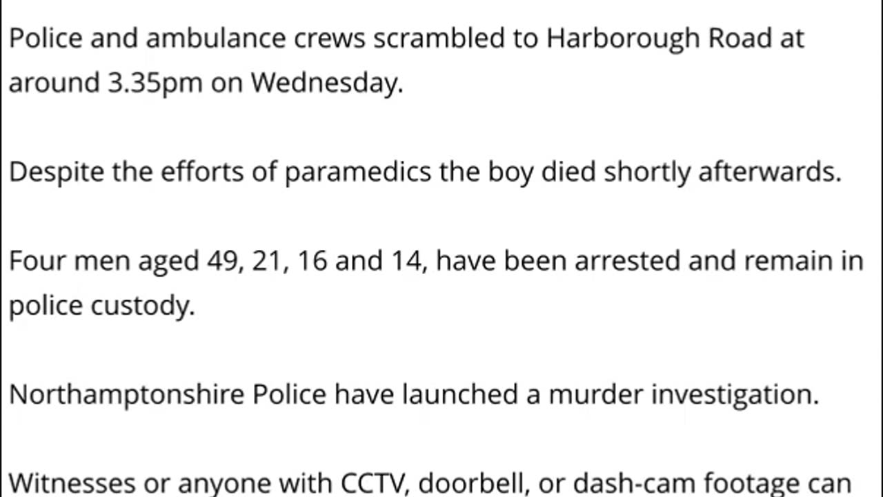 Four Arrests After 16 Year Old Boy Is Stabbed To Death In Northampton UK