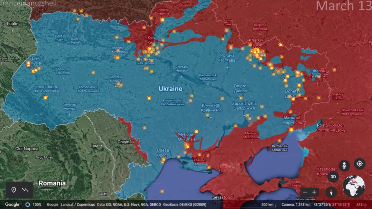 Russo-Ukrainian War 13th of March Mapped using Google Earth