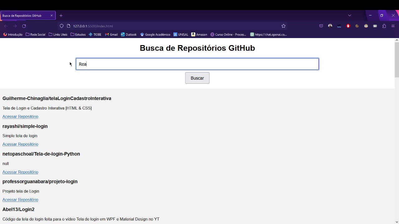 Consumo da API do Github para se fazer pesquisa de repositório.