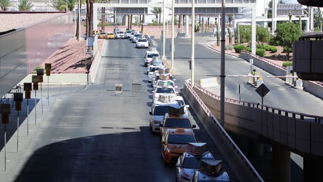 A long line of taxis at the Las Vegas airport.