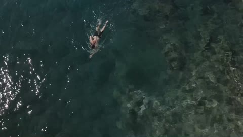 A man swimming near to the mid-ocean ridge