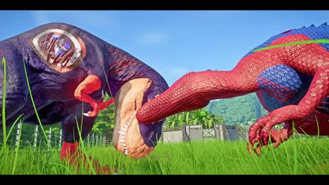 Spiderman Indominus REX, Venom, Captain America, Iron Man Dino Fight - Jurassic World Evolution