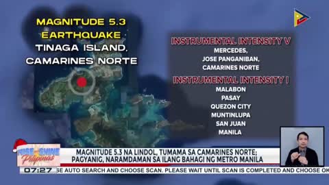 Magnitude 5.3 na lindol, tumama sa Camarines Norte
