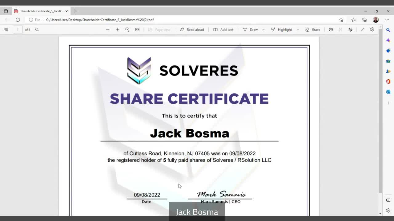 The Solveres Angel Shareholder Certificate