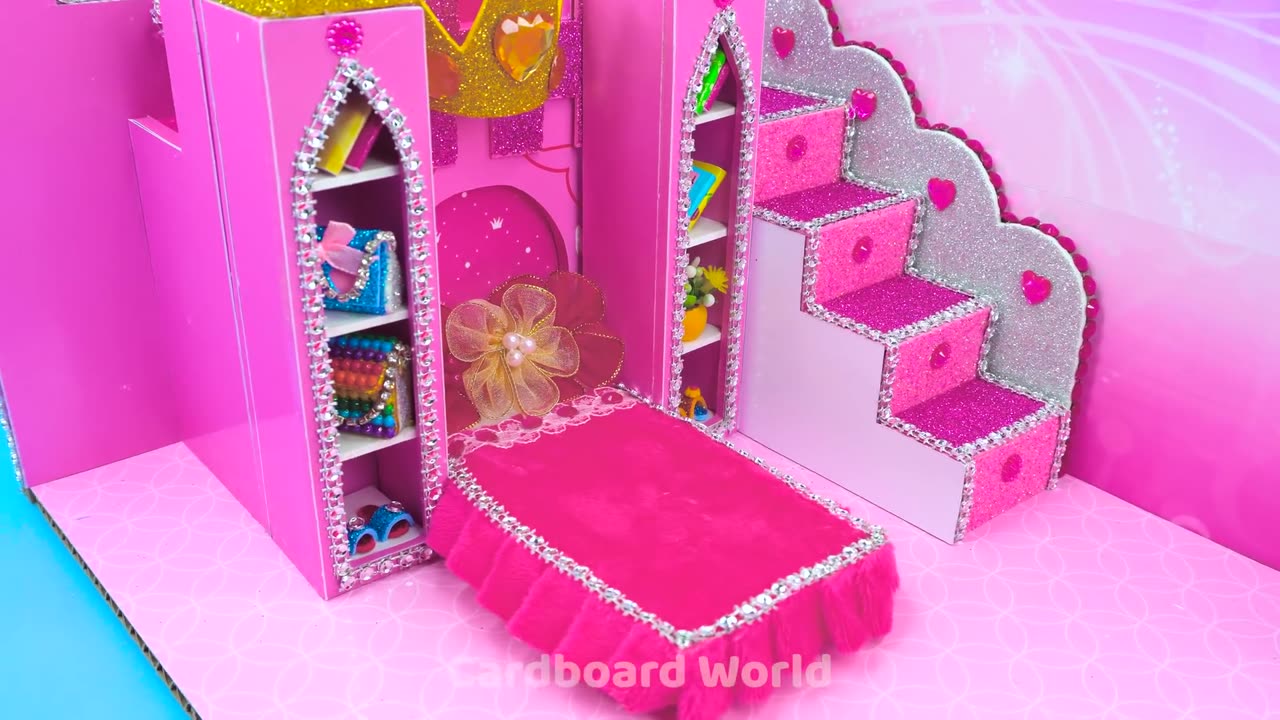 DIY Miniature Cardboard House DIY Miniature Cutest Pink Bedroom with Rainbow Slide for Pet