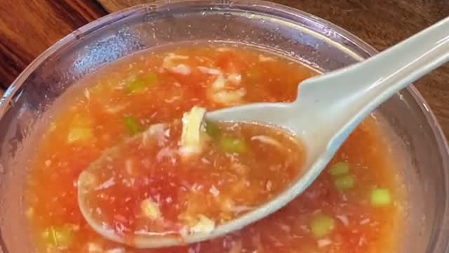 Tomato egg drop soup made with frozen tomatoes