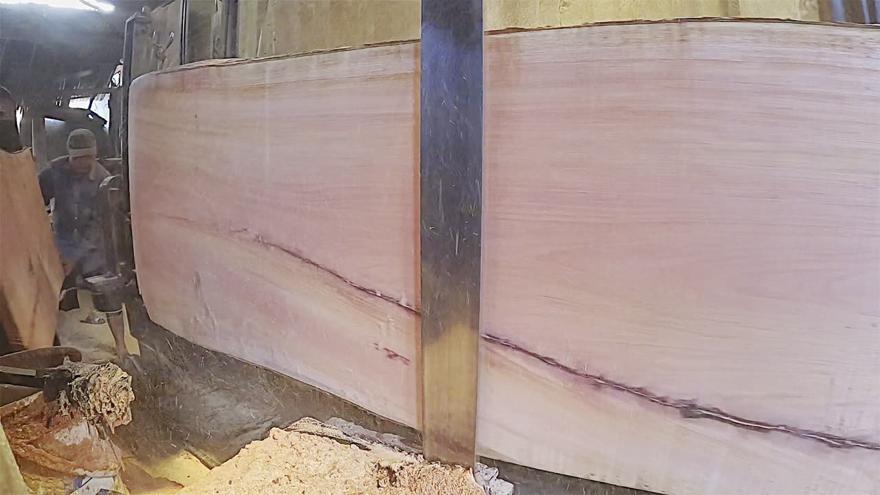 here is amazing sawing red big mahogany wood