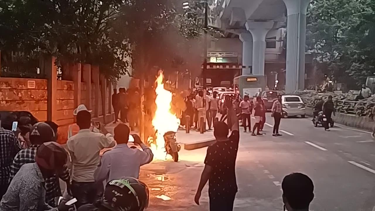 Suddenly the bike cathes fire