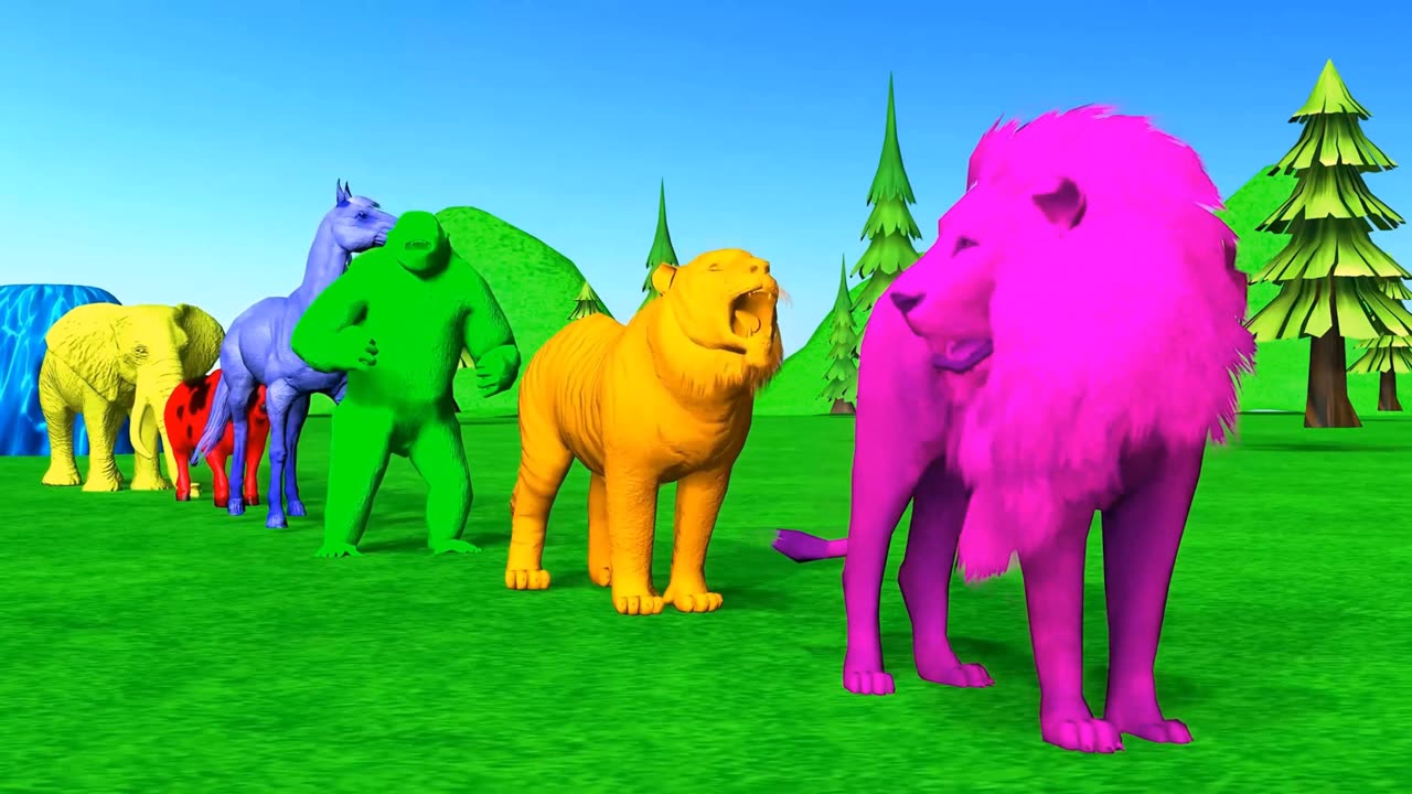 Paint Animals Gorilla Cow Tiger Lion Elephant Fountain Crossing Animal Cartoon Tinyworld143