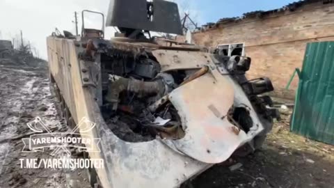 Destroyed American M113 armored personnel carrier in Bakhmut