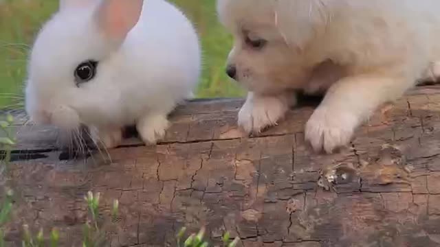 The rabbit matches the puppy's harmony