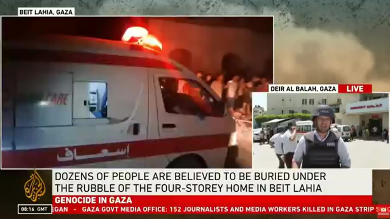 Journalist Tareq Abu Azzoum reporting on Israel's bombing last night of a residential building